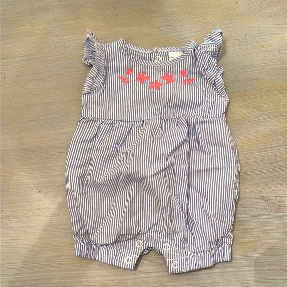 Carter's Blue and White Striped Romper with Pink Floral Embroidery